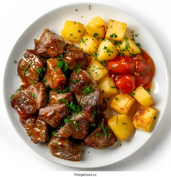 Beef stew with fried potatoes and tomato sauce