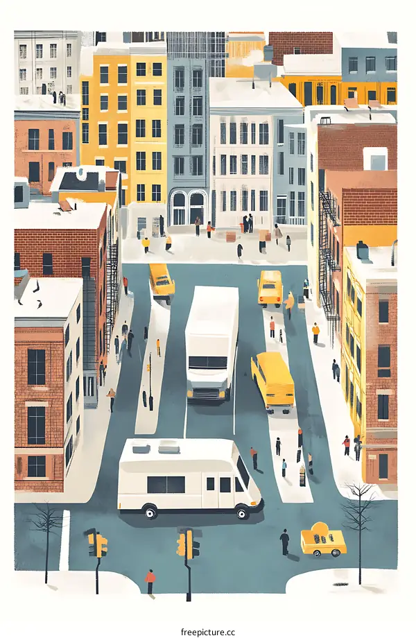 Winter City Street Illustration With People and Vehicles