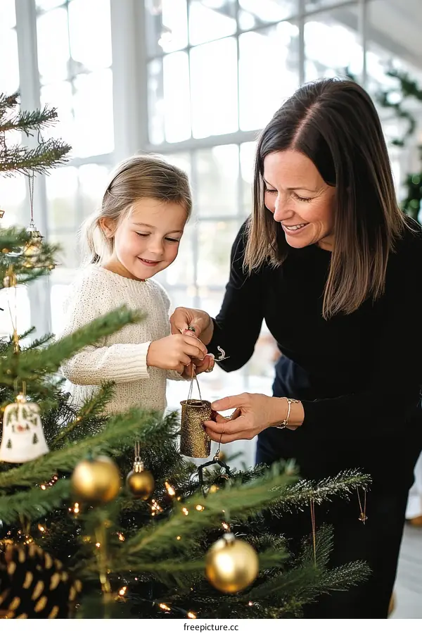 Mother and Daughter Decorating Christmas Tree