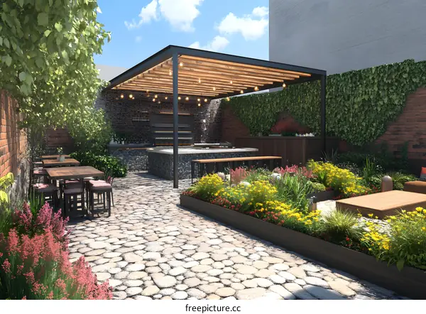 Outdoor Patio With Brick Wall And Garden Design