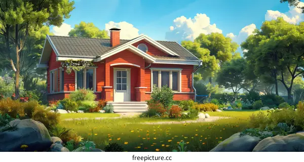 Small red house in the middle of a lush green field