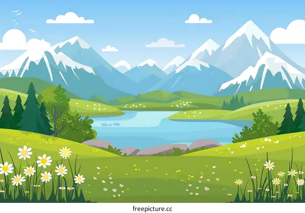 Mountain Landscape with Lake and Grass