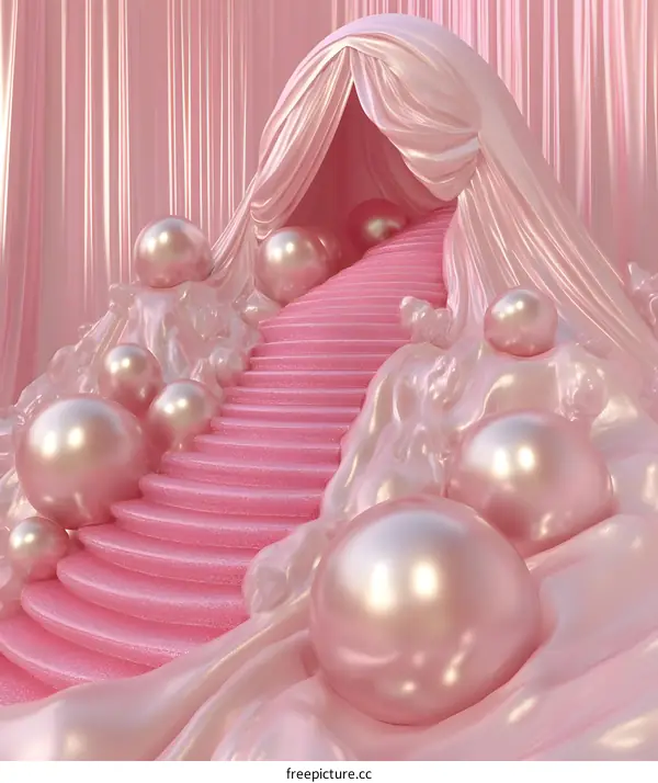 Pink Pearl Staircase And Silk Drape 3D Rendering