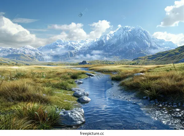 Winding river through a valley between snow-capped peaks and grasslands
