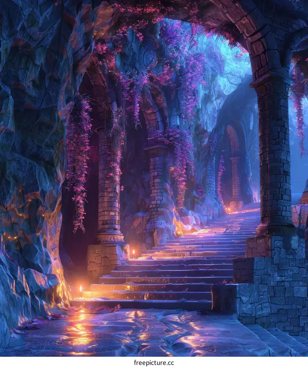 Mystical Elven Ruins Overgrown by Wisteria Vines