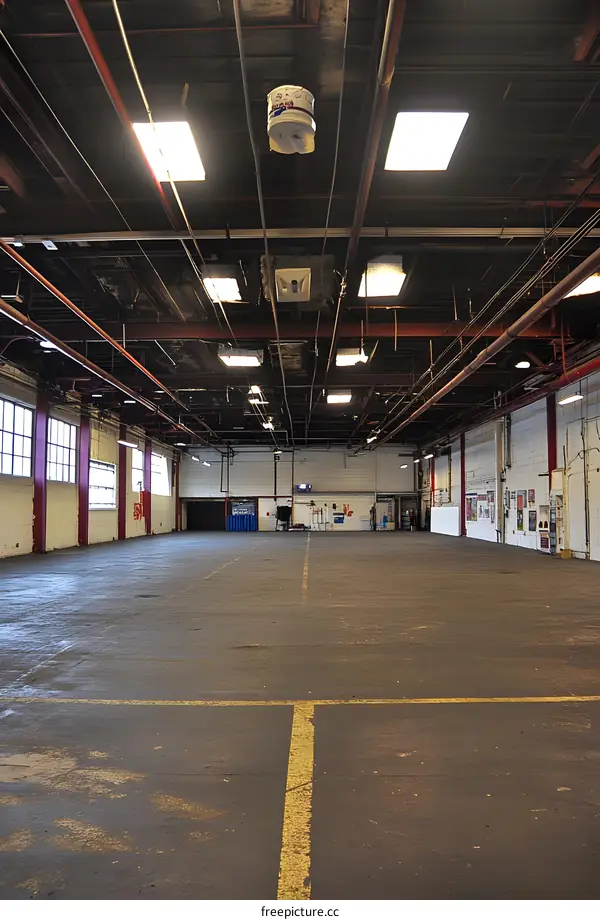 Empty Industrial Building Interior With Pipes And Fluorescent Lights