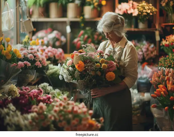 A florist carefully arranges a bouquet of flowers in her shop
