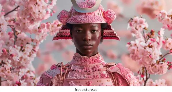Black woman in pink samurai armor stands in front of cherry blossoms