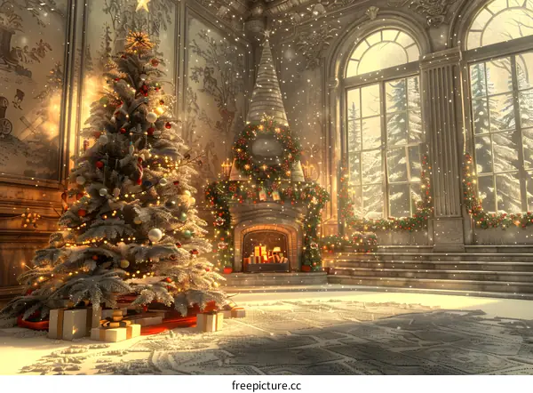 Christmas tree by the fireplace