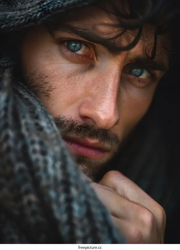 Portrait of a man with blue eyes and a beard wearing a gray scarf