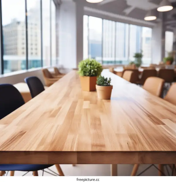 Modern conference room with long wooden table and chairs