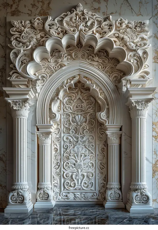 Ornate White Marble Wall Sculpture with Arabesque Motifs
