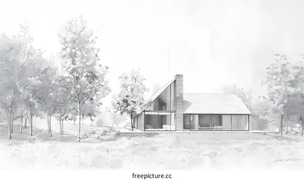 Pencil Sketch Drawing of Modern House Design with Trees