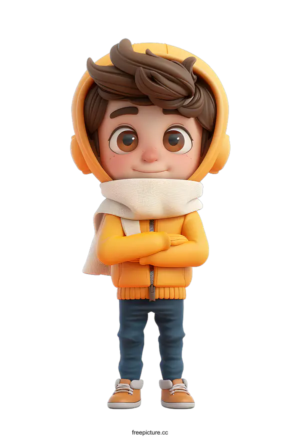 [Transparent Background PNG]3D rendering of a cute cartoon boy wearing a yellow winter jacket and a white scarf