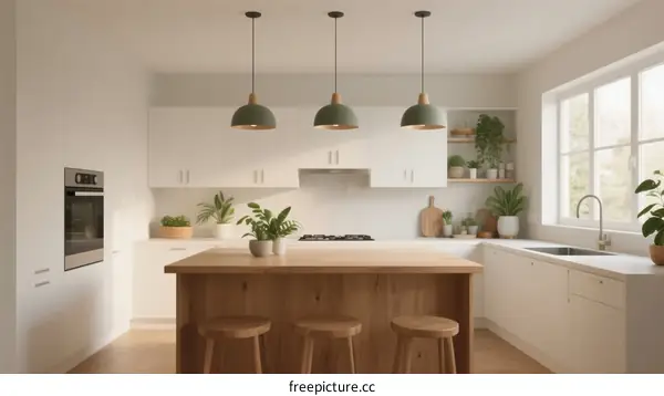 Modern Minimalist Kitchen with Wooden Island and Green Pendant Lights