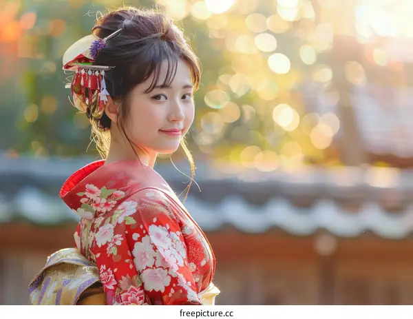 Portrait of a young woman in a red kimono smiling