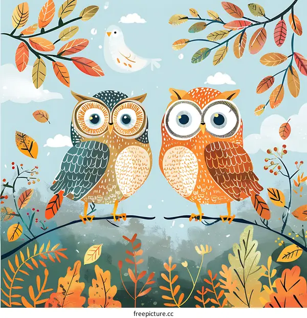 Two Owls Sitting On Branch With Autumn Leaves