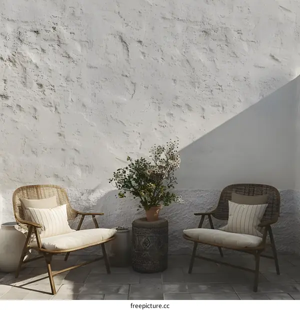Minimalist Patio With Two Wicker Chairs And A Plant
