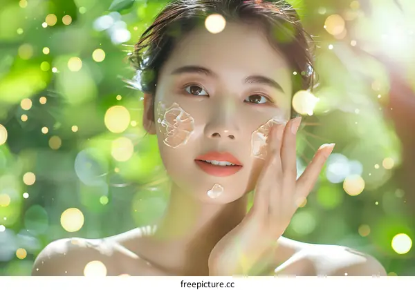 Asian Woman Applying Face Cream Outdoors