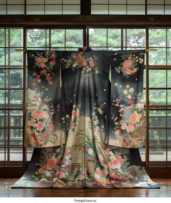 A kimono with a floral pattern displayed in a traditional Japanese room