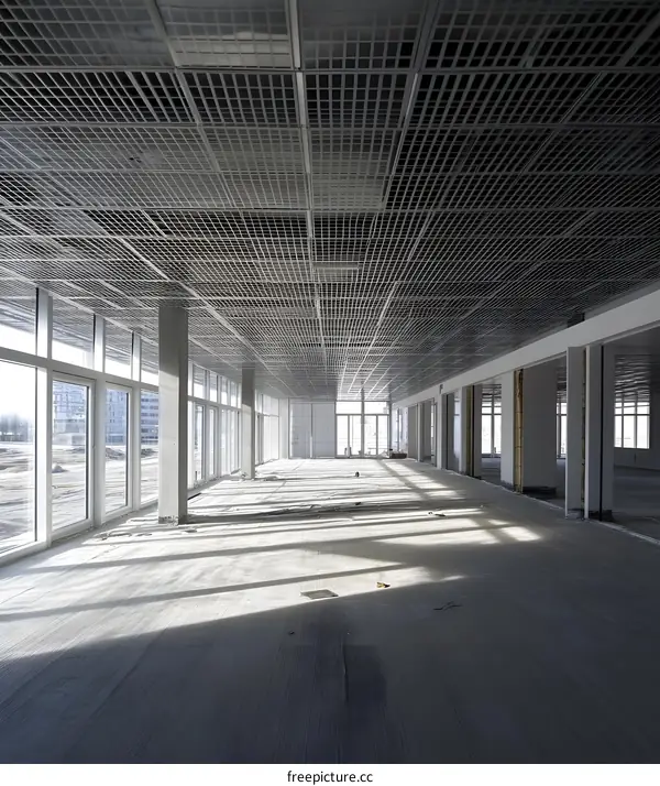 Empty Office Space with Grid Ceiling and Windows