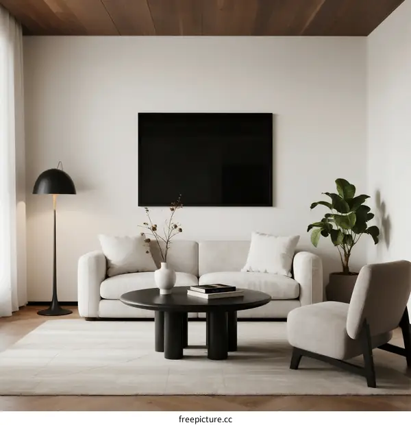 Modern minimalist living room with comfortable sofa and plants