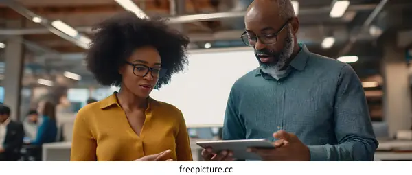 African American And Woman In An Office Talking About A Tablet