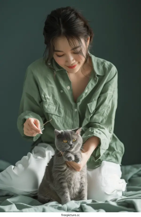 A young woman is playing with a gray cat on the bed