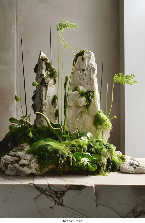 Green Moss Miniature Landscape With Stone Rocks