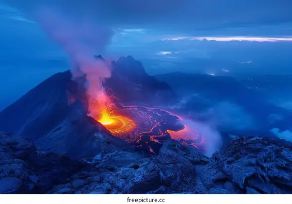Mount Nyiragongo volcano erupting at night in the Democratic Republic of the Congo