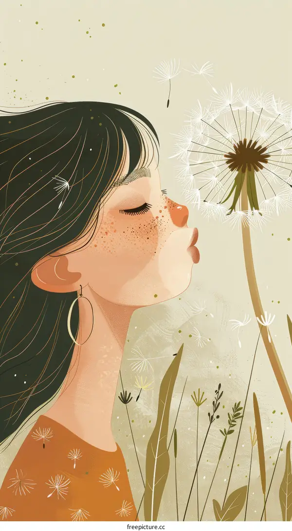 Girl Blowing Dandelion Seeds Illustration