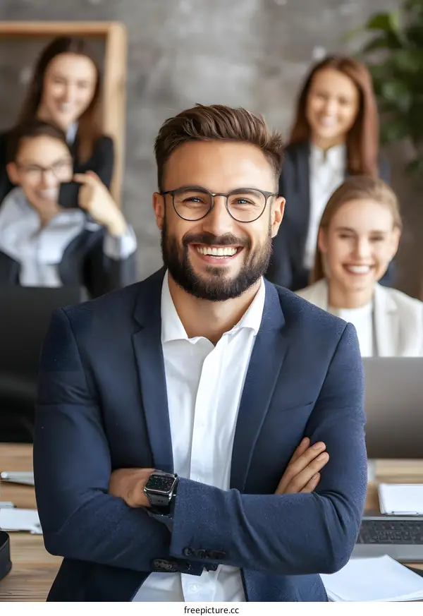 Confident Businessman Smiling with Arms Crossed in Office Setting