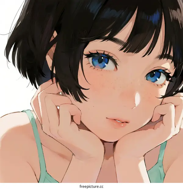 Portrait of young girl with short black hair and blue eyes