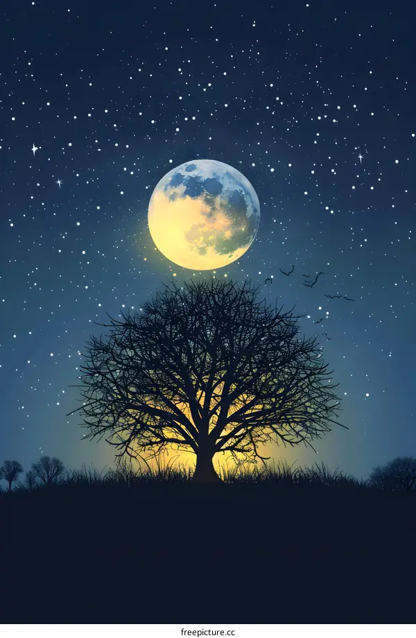 Silhouette of a Tree with Full Moon and Stars in Night Sky