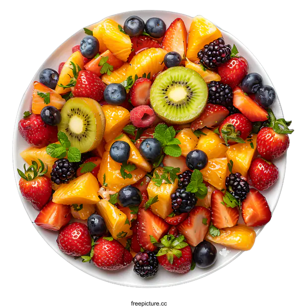 [Transparent Background PNG]Colorful Mixed Fruit Salad on White Plate
