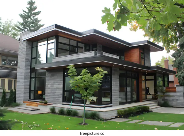 Modern House Exterior with Grey Stone and Large Windows