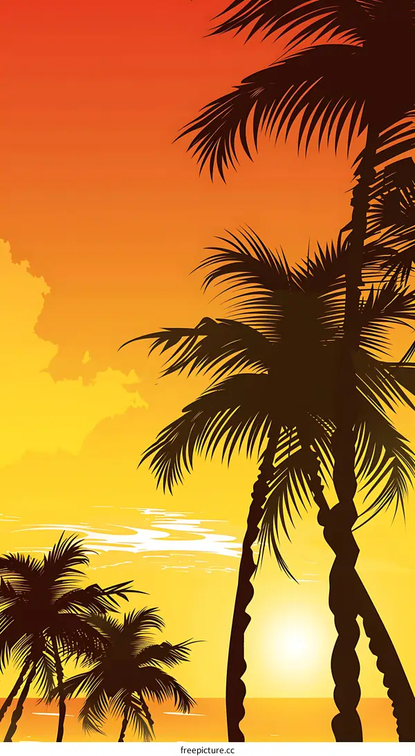 Tropical Sunset Palm Trees Silhouette Illustration