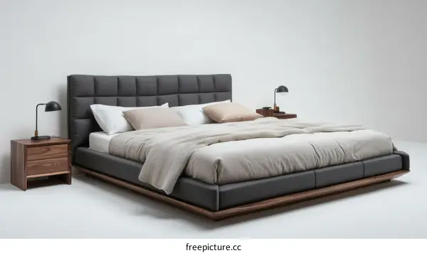 Modern Wooden Bed with Grey Upholstery