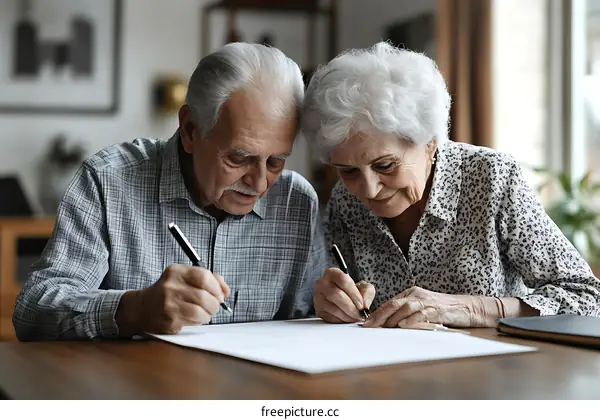 Elderly Couple Signing Important Documents