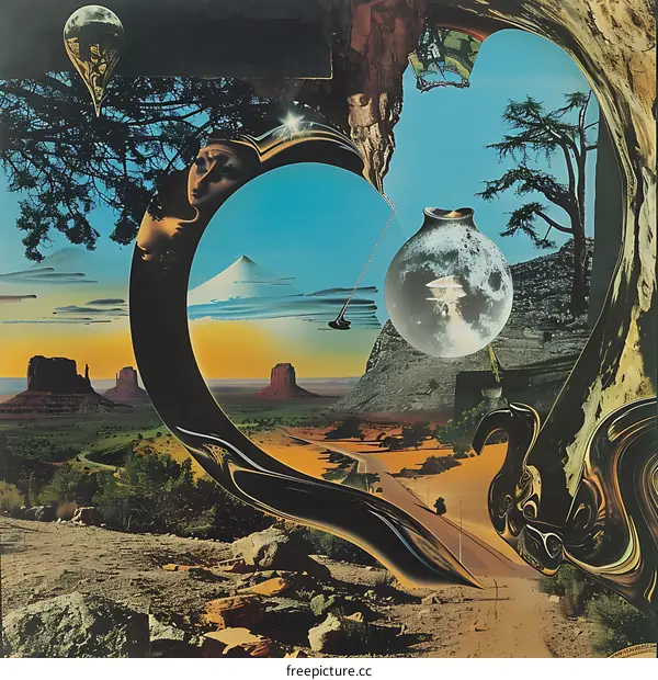 Surrealist Collage of Abstract Shapes and Desert Landscapes