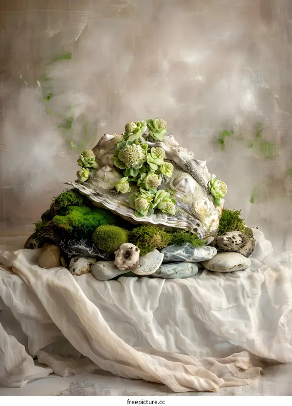 Seashell with Flowers and Moss on a Stone Pile