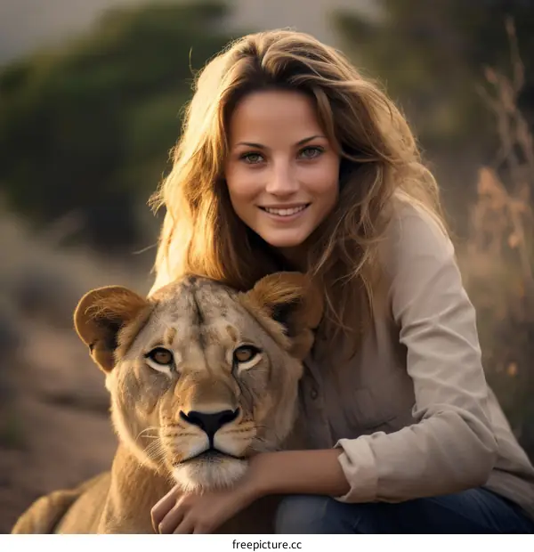 Smiling blonde woman with a lion