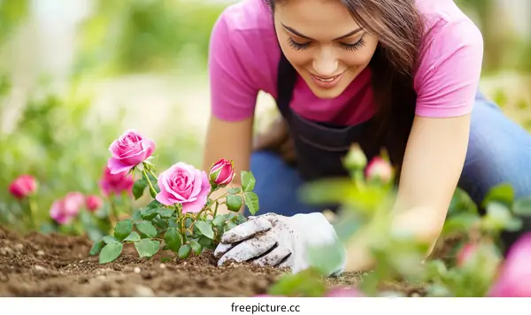 Woman Planting Roses in Garden