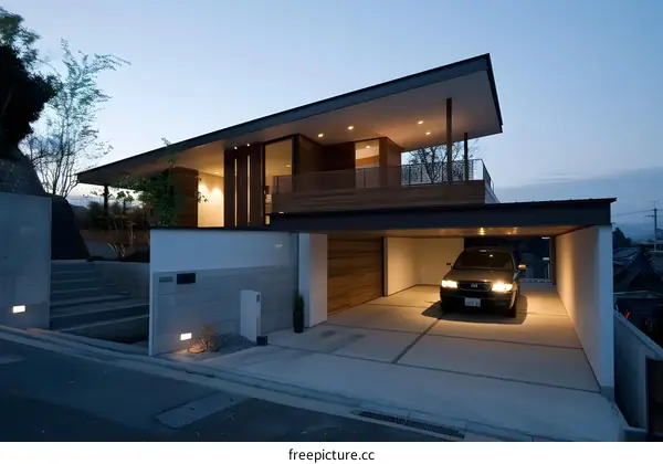 Modern Japanese House with Carport and Wooden Details