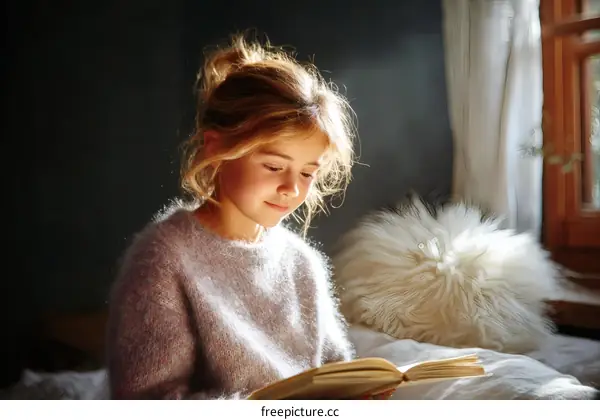 A Girl Reading a Book in a Cozy Room