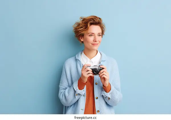 Woman Holding a Vintage Camera against a Light Blue Background
