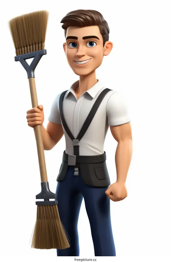 Cartoon Man with Broom in Uniform