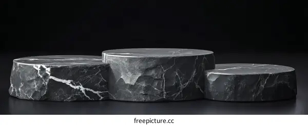 Three Dark Marble Podiums on Black Background