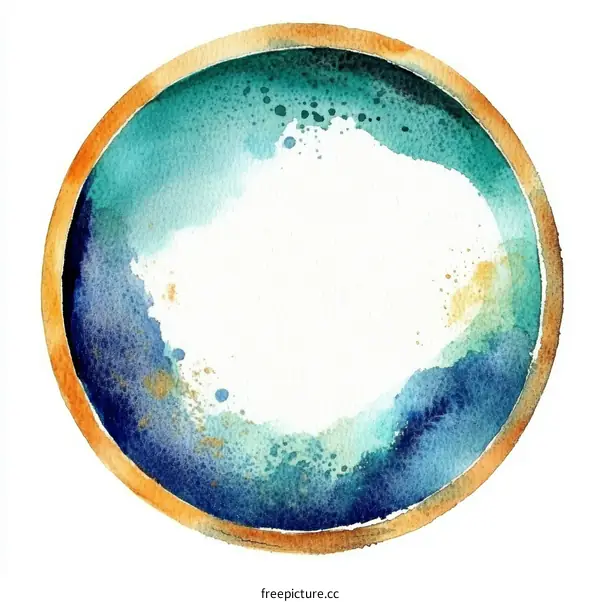 Abstract Watercolor Circle Design with Gold Rim