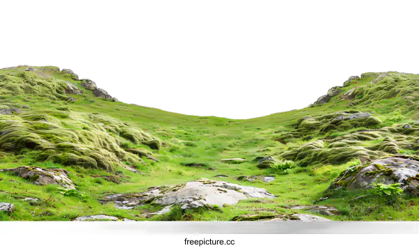 [Transparent Background PNG]Green Grassy Hill Landscape with Rocks